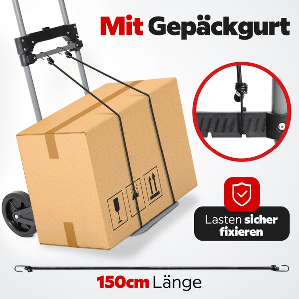 Schwarzer Gepäckgurt 150 Zentimeter Länge fixiert Karton auf Sackkarre, Detailansicht der Hakenbefestigung und Symbol für sichere Lastenfixierung.