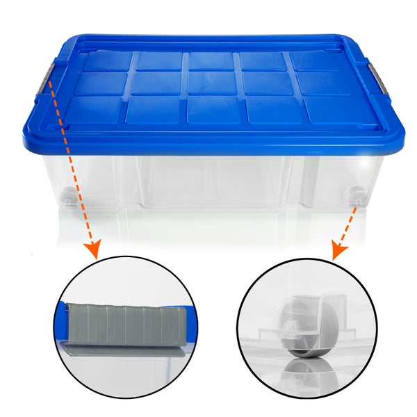 BigDean 4x Unterbettkommode Aufbewahrungsbox mit Deckel 25L azurblau 60x40x17,5cm - mit Rollen + Clipverschluss nestbar - Eurobox Aufbewahrungsbox Storage Box Bettkasten - Made in Germany
