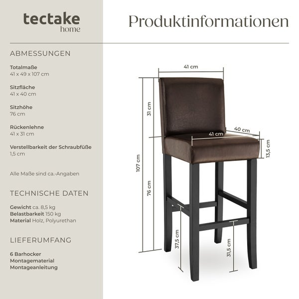 tectake home Logo. Barhocker mit Maßen: Höhe 107 Zentimeter, Sitzhöhe 76 Zentimeter, Belastbarkeit 150 Kilogramm. Aus Holz und Polyurethan.
