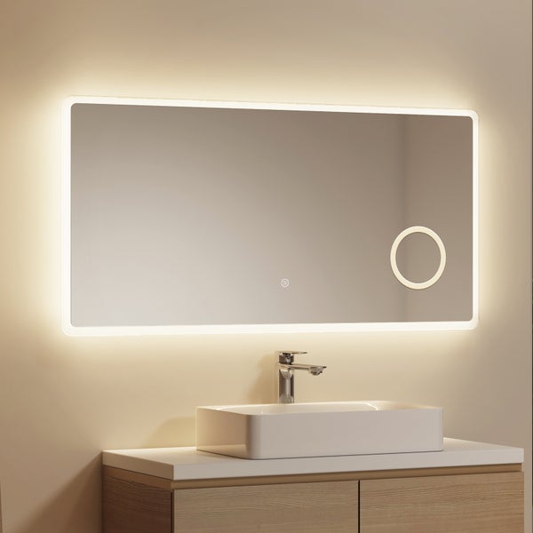 EMKE Badspiegel mit Beleuchtung 100 x 60 cm, LED-Badspiegel mit Touchschalter, 3-fache Vergrößerung, Kaltweiß/Warmweiß/Neutralweiß, kupferfreier & rostfreier Spiegel für Bad