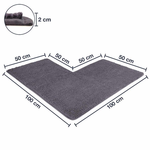 Grauer Badteppich in L-Form mit Maßangaben