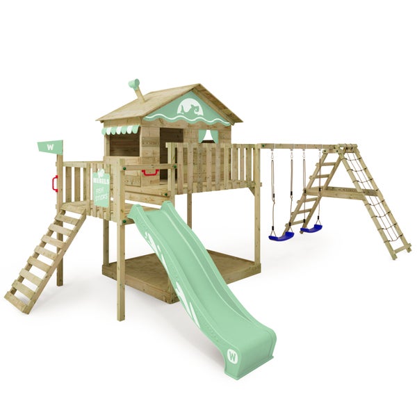 WICKEY Spielturm Klettergerüst Smart Ocean mit Schaukel und Rutsche, Stelzenhaus mit Sandkasten, Kletterleiter und Spiel-Zubehör – pastellgrün
