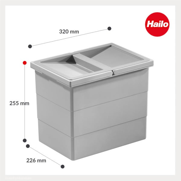 Grauer Hailo Mülleimer mit den Maßen 320 Millimeter Länge, 255 Millimeter Höhe und 226 Millimeter Breite. Hailo Logo.