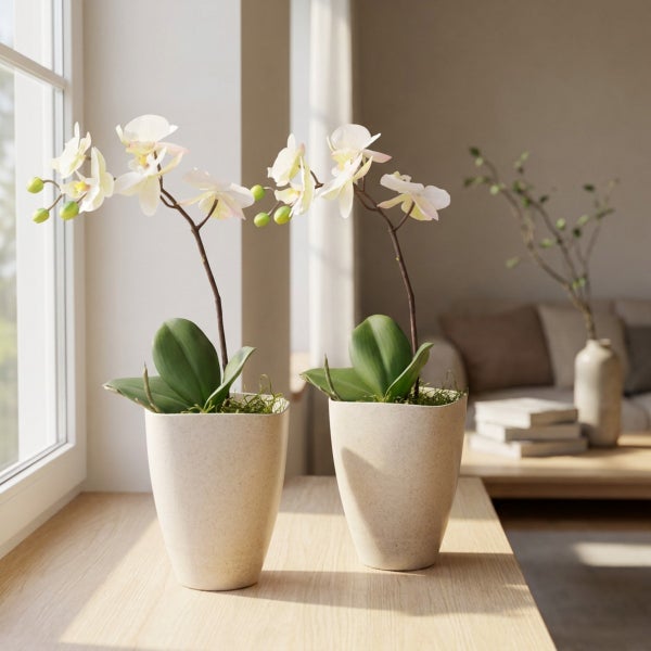 Zwei künstliche Orchideen in hellen Steingut-Übertöpfen auf einem Holztisch vor einem Fenster in einem hellen Wohnraum.