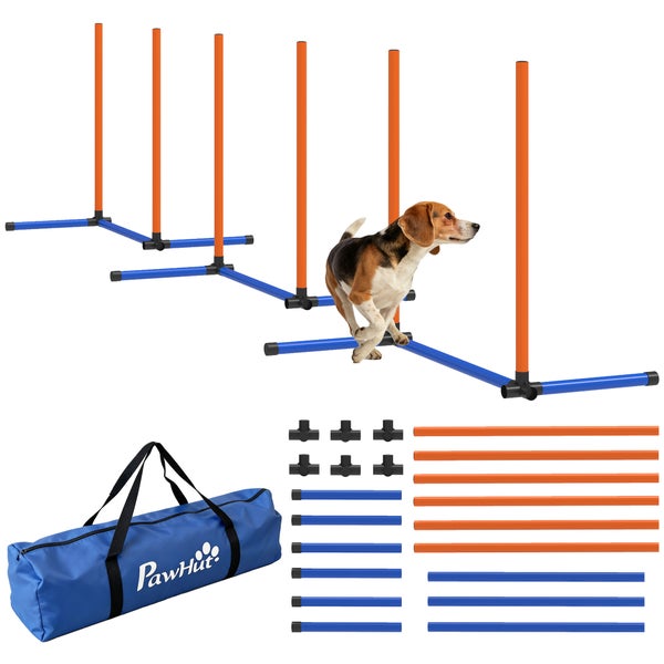 PawHut Agility Slalom Set für Hunde mit Trainingsstangen, Verbindungsstücken, Tragetasche mit PawHut Logo und einem Beagle.