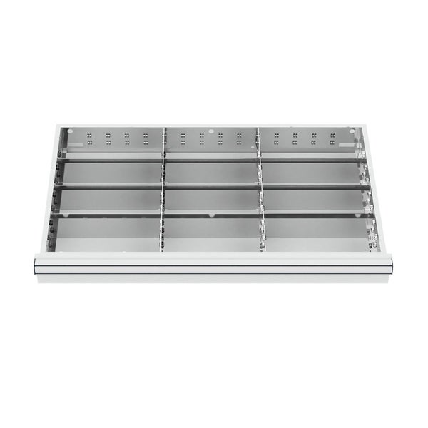 Schubladeneinteiler aus Metall mit variablen Trennwänden für Kleinteile.