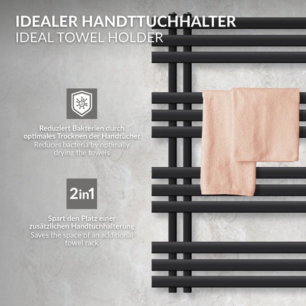 LuxeBath Badheizkörper Iron EM 500x1000 mm Schwarz matt Mittelanschluss mit Anschlussgarnitur und Thermostat Eck Wand, Design Heizkörper Bad Heizung Handtuchwärmer Handtuchtrockner Handtuchheizkörper