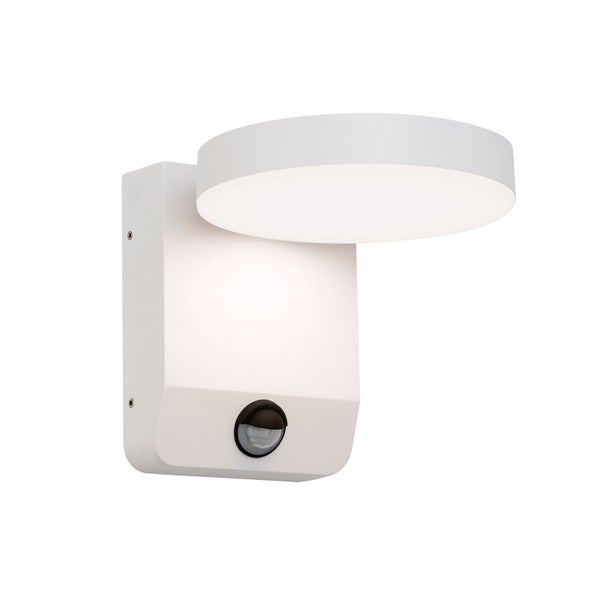 Weiße LED-Außenwandleuchte mit integriertem Bewegungsmelder, rundes Lichtelement.