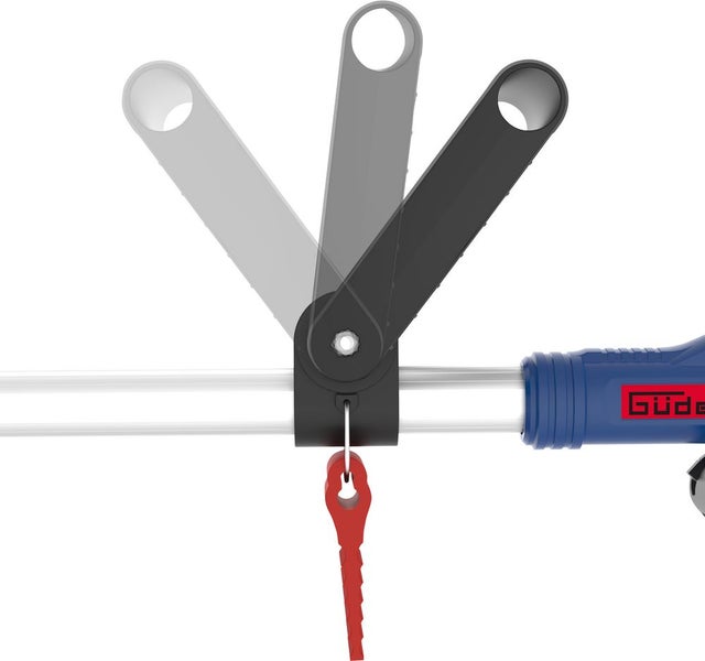 Verstellbarer Zusatzhandgriff für Güde Gartengeräte, Darstellung verschiedener Neigungswinkel.