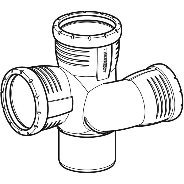 Geberit Doppelabzweig für Abwassersysteme, technische Zeichnung mit vier Anschlüssen und Geberit Logo.