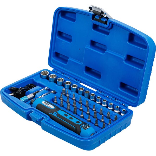 Akkuschrauber Set mit Bits und Nüssen in blauem Koffer