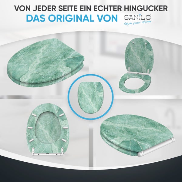 Sanilo WC Sitz mit Marmor Optik in verschiedenen Ansichten gezeigt
