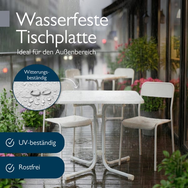 Wasserfeste Tischplatte und Gartenmöbel im Regen auf einer Terrasse, witterungsbeständig, ultraviolettbeständig und rostfrei.