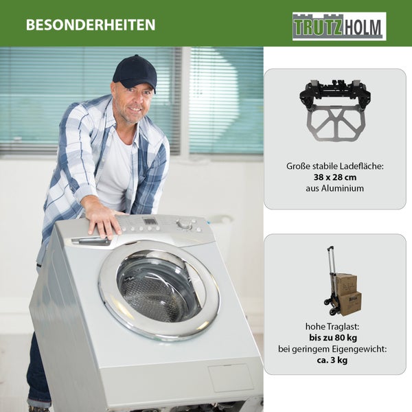 Ein Handwerker nutzt eine Trutzholm Sackkarre mit Aluminium Ladefläche für eine Waschmaschine. Die Traglast beträgt bis zu 80 Kilogramm.