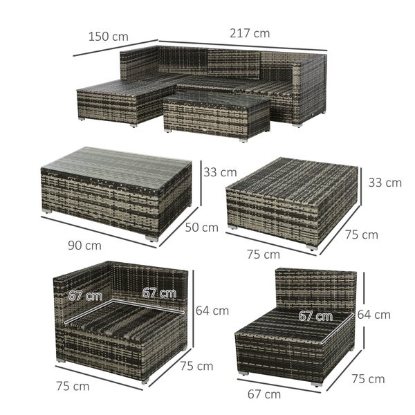Outsunny 5-tlg. Polyrattan Gartenmöbel Set Gartengarnitur Garten-Set Sitzgruppe Loungeset Loungemöbel mit Beistelltisch Kissen Grau