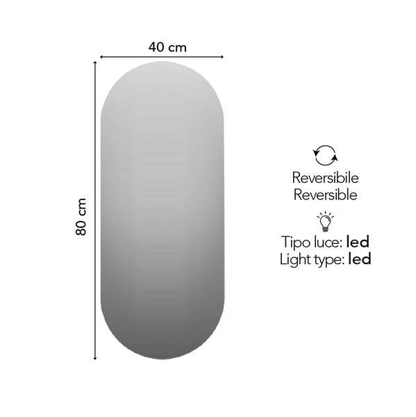 Ovaler Badezimmerspiegel mit LED-Beleuchtung, Maße 80 mal 40 Zentimeter, reversibel montierbar.