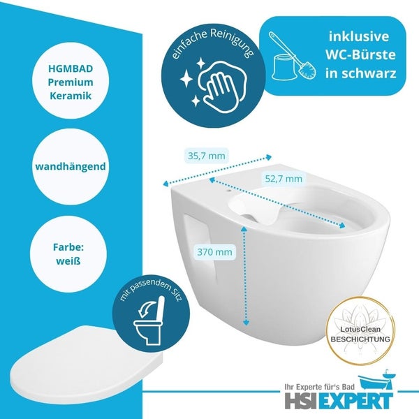 Wand-Tiefspül-WC aus Premium Keramik mit LotusClean Beschichtung und WC-Bürste