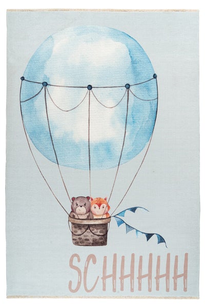 Kinderteppich mit Motiv von Tieren im Heißluftballon und Schriftzug für das Kinderzimmer