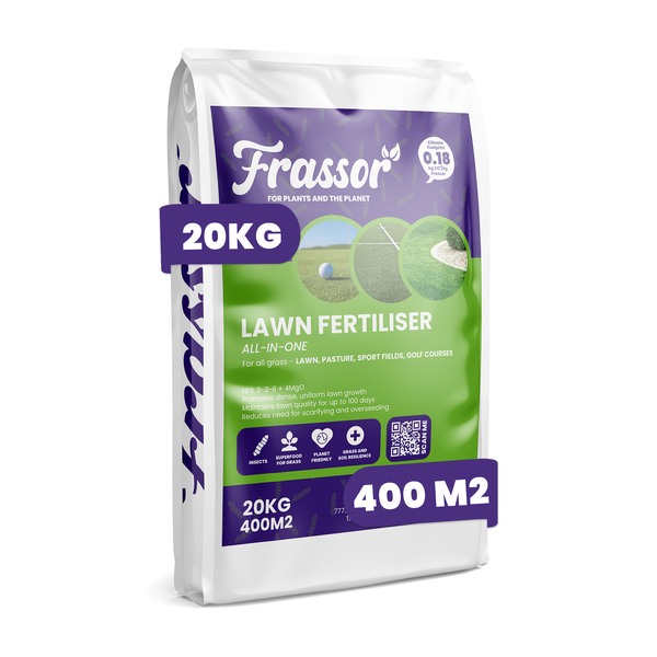 Frassor Rasendünger All-in-One, 20 Kilogramm für 400 Quadratmeter.