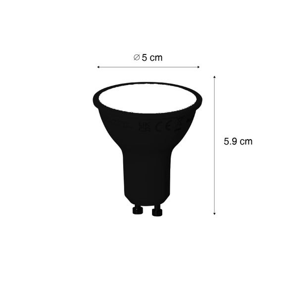 Schwarzes LED-Leuchtmittel GU10 mit Abmessungen: Durchmesser 5 Zentimeter und Höhe 5,9 Zentimeter.