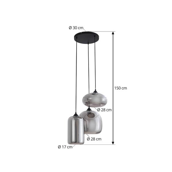 Dreiflammige Pendelleuchte mit Rauchglasschirmen, Höhe 150 Zentimeter, Baldachin Durchmesser 30 Zentimeter, Schirmdurchmesser 17 und 28 Zentimeter.