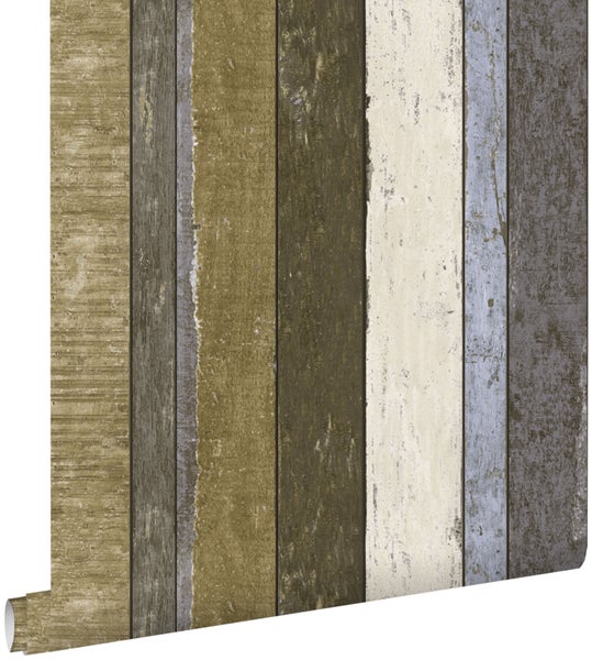 ESTAhome Tapete Holzoptik Beige, Blau und Khakigrün - 53 cm x 10.05 m - 138253