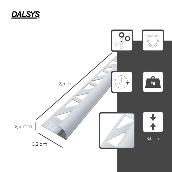 Dalsys Logo. Fliesenschienenprofil, 2,5 Meter lang, 12,5 Millimeter hoch, 3,2 Zentimeter breit, 0,8 Millimeter stark, mit Montage-Symbolen.