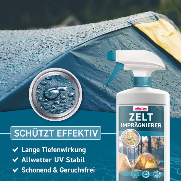 PLINTEX® 580ml Zelt & Pavillon Imprägnierung | Imprägnierspray für Zelte, Markisen, Sonnenschirm oder Pavillons | effektiver Flächen- & Nahtdichter für Zelte | dermatologisch getestet & atmungsaktiv