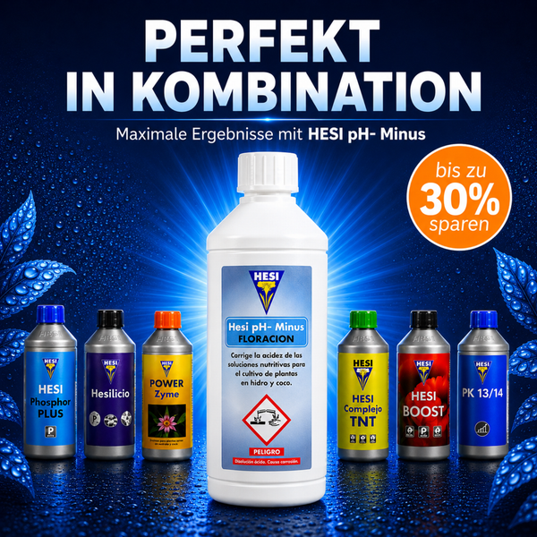 Hesi pH Minus Floracion Flasche umgeben von verschiedenen Hesi Pflanzendünger Produkten.