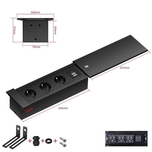 Einbau-Steckdosenleiste mit drei Schuko-Steckplätzen und zwei USB-Anschlüssen, inklusive Montagematerial und Maßangaben.