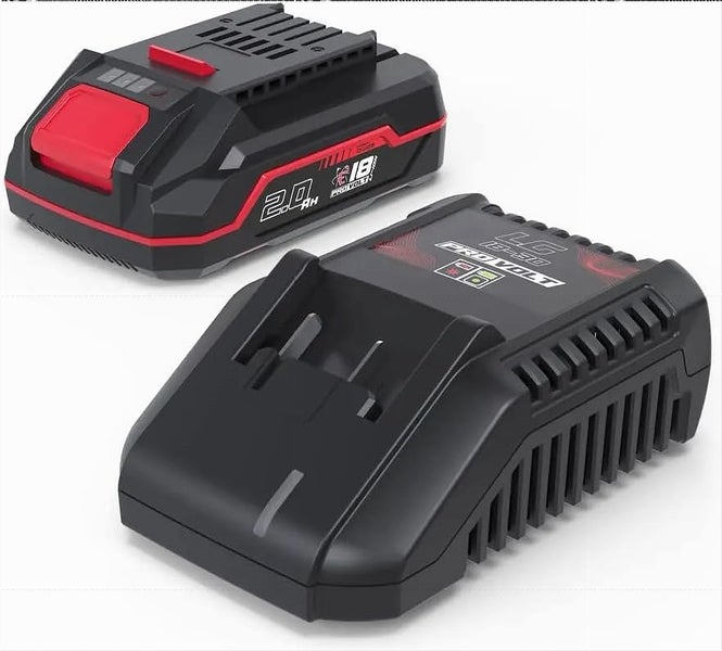Akku-Set PRO VOLT bestehend aus einem 18 Volt Lithium-Ionen Akku mit 2,0 Amperestunden und passendem Ladegerät.