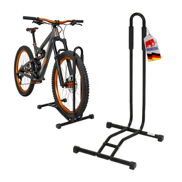 Fahrradständer aus Metall für Bodenmontage mit Mountainbike und Proregal Logo Schild