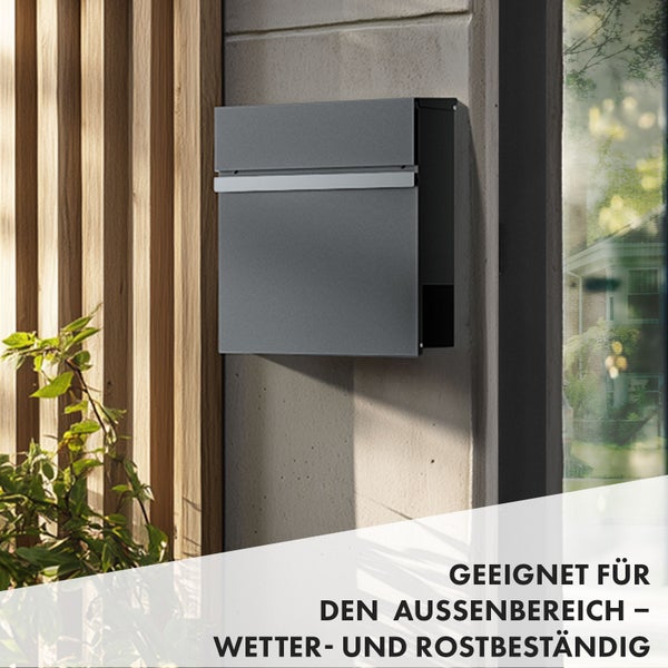 FLOORDIREKT Briefkasten Gaston - Stahl Wandbriefkasten mit Zeitungsfach und Edelstahl-Namensschild