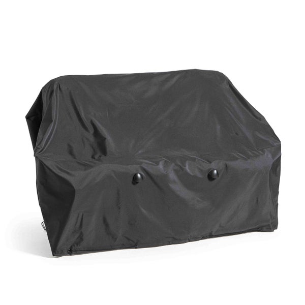 Schwarze Grillabdeckung aus wetterfestem Material zum Schutz vor Witterungseinflüssen.