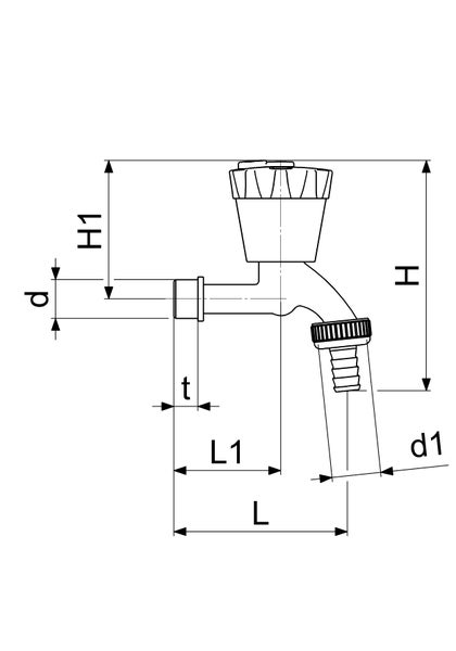Maßzeichnung eines Auslaufventils mit Schlauchanschluss und markierten Dimensionen für H, H1, d, t, L, L1 und d1.