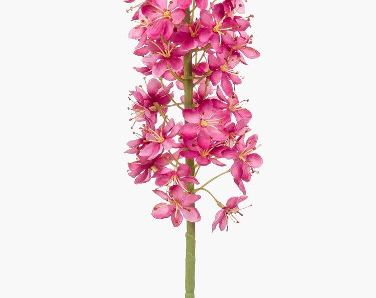 Künstliche Blume mit rosa Blüten am grünen Stiel.