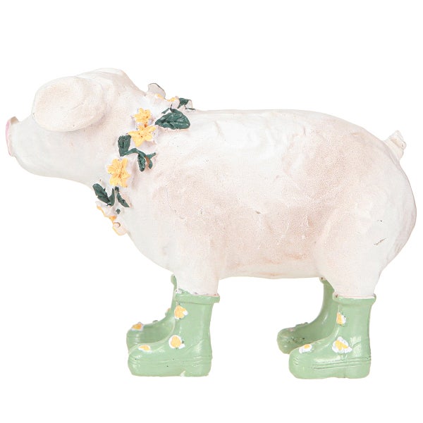 Dekorative Schweinefigur mit Blumenkranz und Gummistiefeln