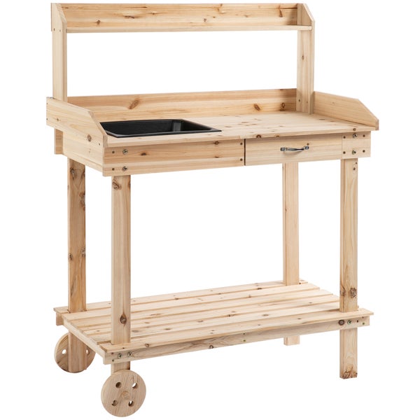 Outsunny Pflanztisch mit Schublade 2 Stufen Gärtnertisch mit waschbecken und Rollen Garten Tannenholz Natur 92 x 45 x 119 cm