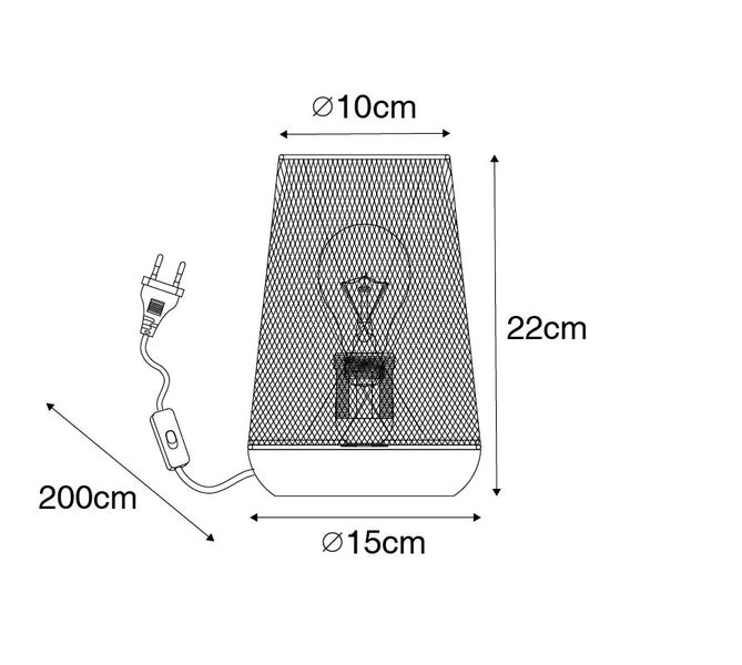 Technische Zeichnung einer Tischleuchte mit Gitterlampenschirm, Höhe 22 cm, Durchmesser oben 10 cm, Durchmesser unten 15 cm und 200 cm Zuleitung.
