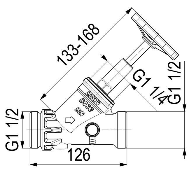 Technische Zeichnung eines Schrägsitzventils: Länge 126 Millimeter, Höhe 133 bis 168 Millimeter, Nennweite 32, Anschlüsse G 1 1/2 und G 1 1/4.