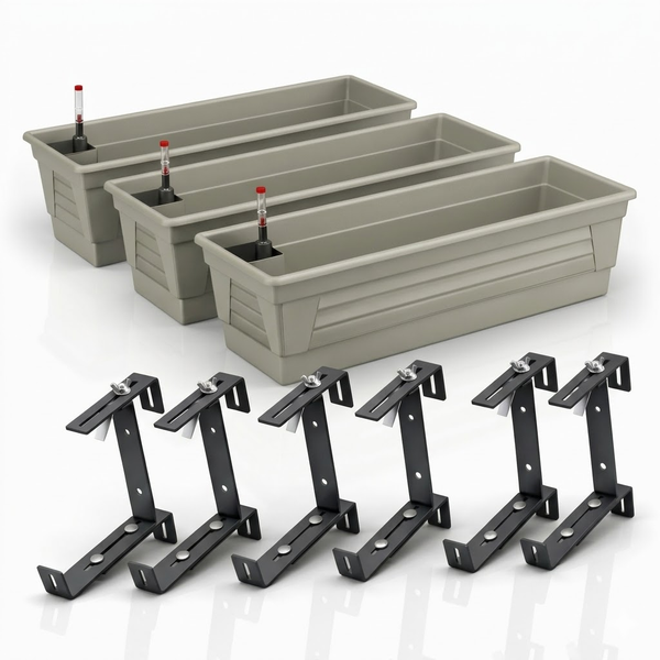 Set aus drei taupefarbenen Balkonkästen mit Wasserstandsanzeiger und sechs schwarzen verstellbaren Halterungen aus Metall.