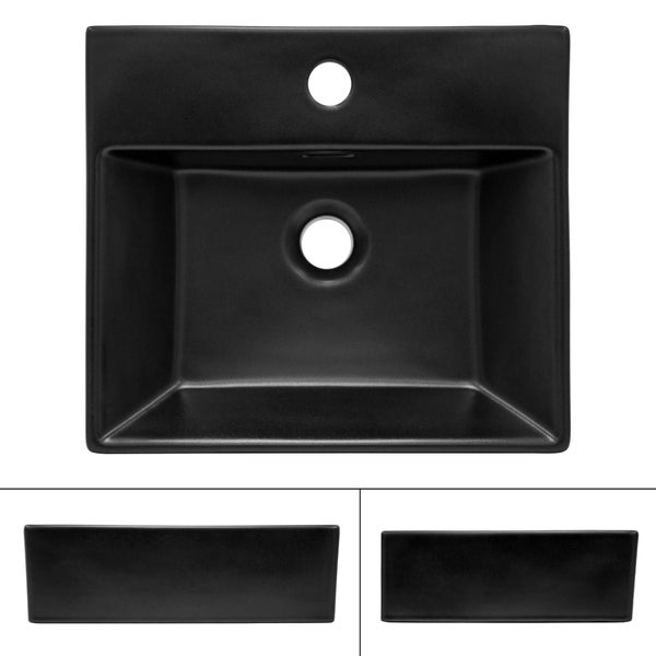 ML-Design Waschbecken aus Keramik Schwarz 415x365x130 mm Eckige Aufsatzwaschbecken, Moderne Waschtisch, Waschschale mit Überlauf und Abflussloch, Waschplatz Handwaschbecken, für Badezimmer/Gäste-WC