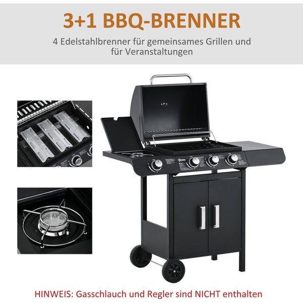 Outsunny Gasgrill, BBQ Grillwagen, mit 3 Brennern, 1 Seitenbrenner, 110 x 50 x 100 cm, DruckmindererStahl, Schwarz