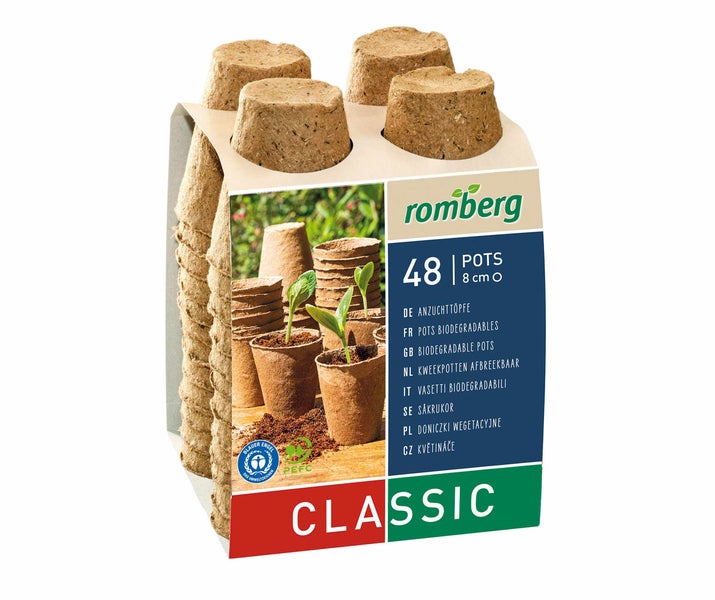 Romberg 48er Set Anzuchttöpfe rund – Biologisch abbaubar, 8 cm Ø, 100% Torffrei, Ideal für Samen, Sämlinge & Stecklinge, Umweltfreundlich mit Siegel