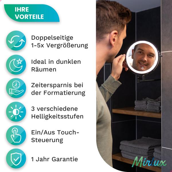 Mirlux Make Up Spiegel mit LED Beleuchtung, Kosmetikspiegel, 5x Vergrößerung  Rasierspiegel Wandmodell Schwarz