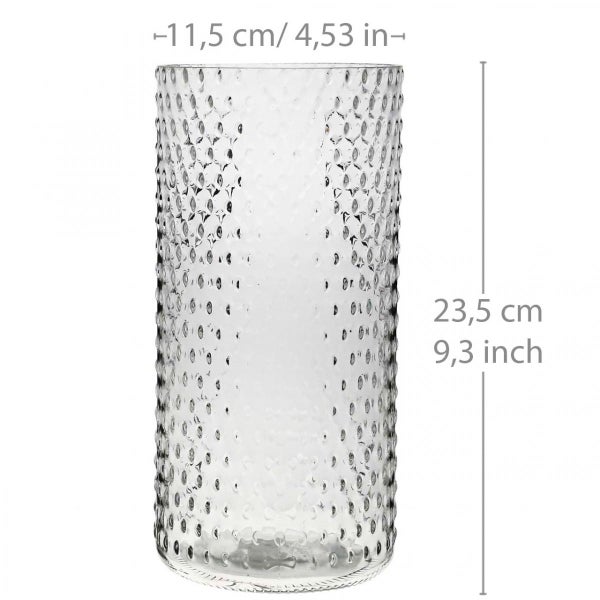 Zylindrische Glasvase mit Punktstruktur, Breite 11,5 Zentimeter und Höhe 23,5 Zentimeter.