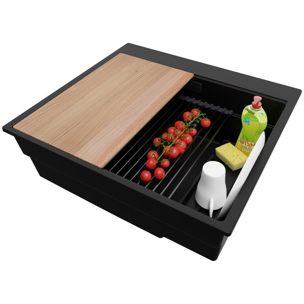 PRIMAGRAN Unterbauspüle Granit Alles Schwarz 56x47cm, Spülbecken 1,5 Becken + Ablauf-Set, Granitspüle ab 60er Unterschrank - London Duo
