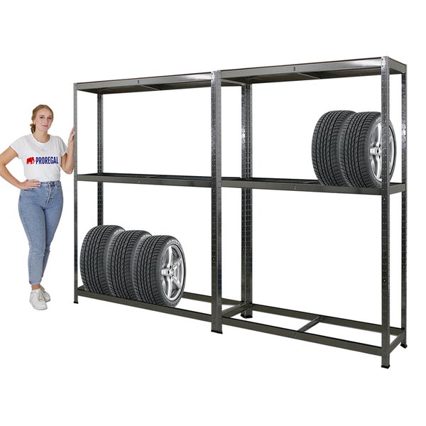 PROREGAL Mega Deal 2x Reifenregal RAGNAR HxBxT 180 x 120 x 40cm bis zu 8 Reifen auf 2 Ebenen + Ablage 265kg Fachlast Verzinkt