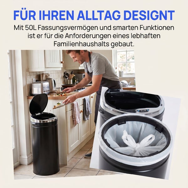 Mann entsorgt Abfall in schwarzem 50 Liter Sensor-Mülleimer in einer hellen Küche. Detailansichten zeigen Sensor und Müllbeutelhalterung.
