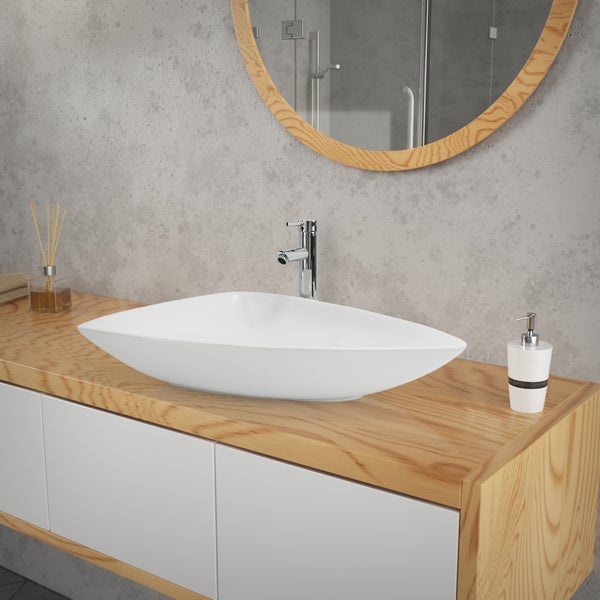 ML-Design Waschbecken aus Keramik Weiß 69x46x13 cm Dreieckig inkl. Ablaufgarnitur, Moderne Aufsatzwaschbecken, Design Waschtisch Aufsatz-Waschschale Waschplatz Handwaschbecken, für Badezimmer/Gäste-WC
